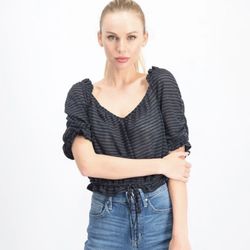 FREE PEOPLE Dorothy Navy Blue Black Sheer Stripe Pull Sleeve Ruched Top NEW