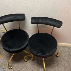 2 Black And Gold Suede Rolling Chairs/stools