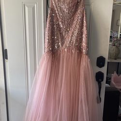 “Nox Anabel” Glitter Sheer Beaded Sleeveless Prom Dress- RoseGd