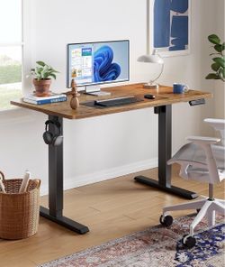 55x27 Inch Electric Standing Desk, Height Adjustable, Rustic Brown 176 Lbs Capacity, Smooth Home Office Desk, 4 Memory Presets & Headphone Hooks, 28.3