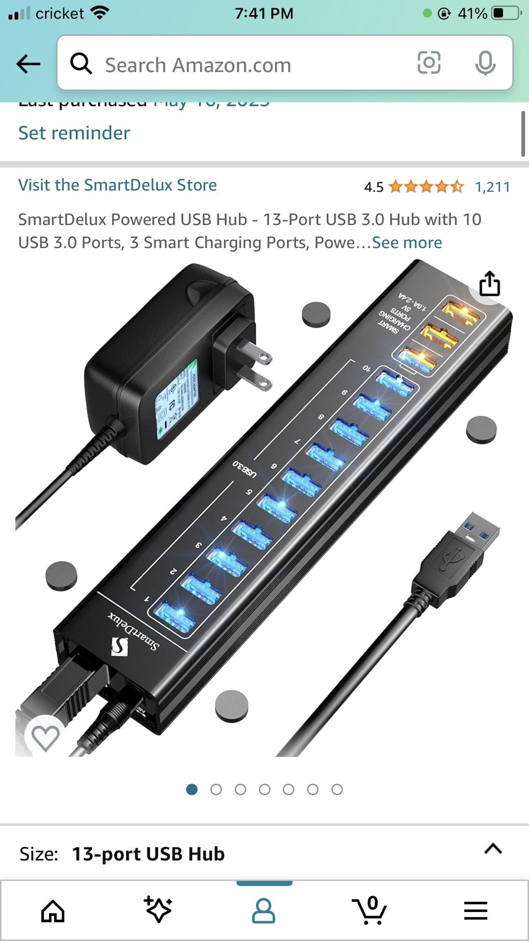 SmartDelux Powered USB Hub - 13-Port USB 3.0 Hub with 10 USB 3.0 Ports, 3 Smart Charging Ports, Power Adapter, Long Cord, LEDs - Black Aluminum