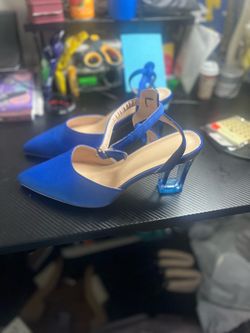 Blue Slingback Heels with Clear Block Heel
