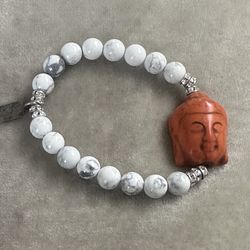 New! Women’s Handmade Buddha Adjustable Bracelet Howlite Stones, Buddha Is Dyed ( Orange) Turquoise, Swarovski Crystal Accents 