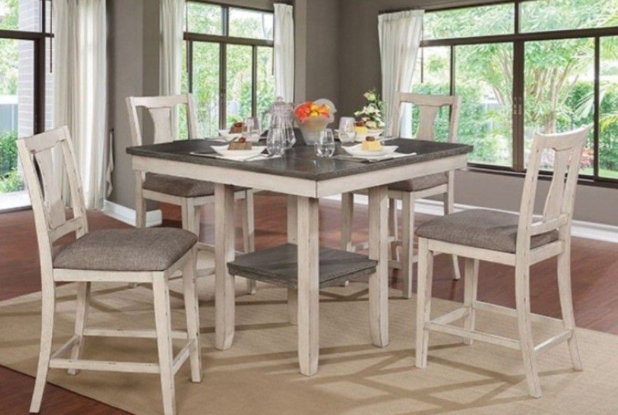 Brand New Antique White & Grey 5pc Counter Height Dining Table Set