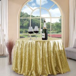 FYLEDAEE Sequin Tablecloth Round Light Gold 108 Inch Glittering Shimmer Tablecloth For Wedding Baby Shower Birthday Party Dinners Sparkly Centerpiece 