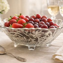 Cambridge Glass 1930s Caprice Clear Glass Bowl Sterling Silver Overlay, 12x8x4”