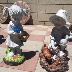 New Kids With Bird, Dog And Fish Made Out Of Cement Size 18in X 12in