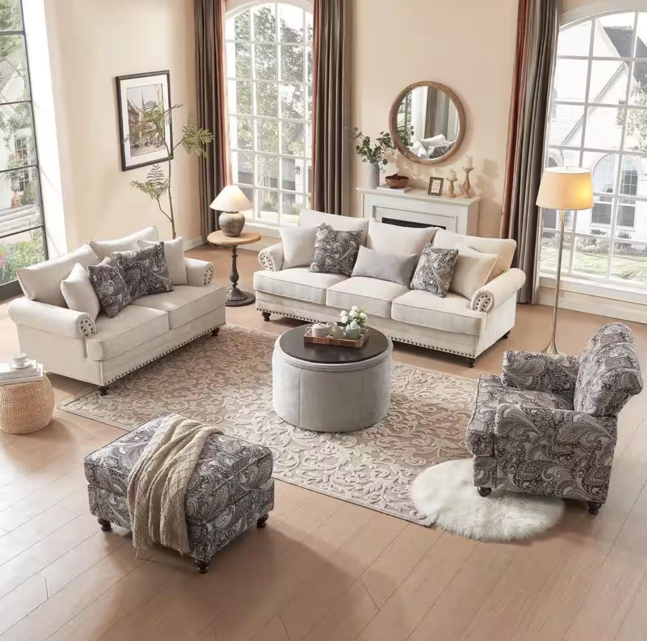 5-Pieces Chesterfield Couch Set Chenille Flora Sofa Loveseat and Armchair Living Room Set with Ottoman Coffee Table