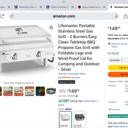 Lifemaster Portable Stainless Steel Gas Grill - 2 Burners Easy Clean Tabletop BBQ Propane Gas Grill with Foldable Legs and Wind Proof Lid for Camping 