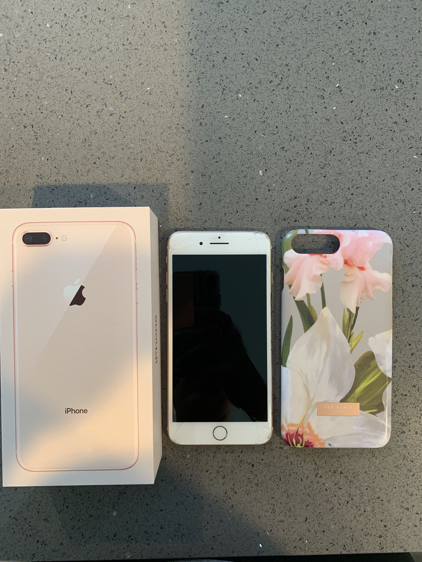 iPhone 8 Plus Gold64 GB partially broken screen, good working condition Ted Baker case included AT&T’s is the carrier