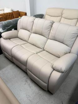 3 Seat power Reclining Couch, Dual Manual Reclining Seats with Spacious Comfort, Living Room Furniture, Faux Leather, Beige