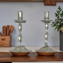 Vintage Mid Century Hand Made Pewter Candle Holder Set Continental Stamped 