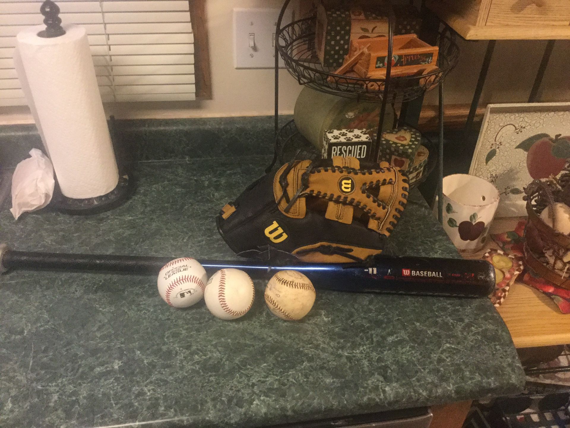 Baseball package including Wilson like new 12.5” Model A360 baseball glove, 3 baseballs and DeMarini baseball bat (6 to pick from)