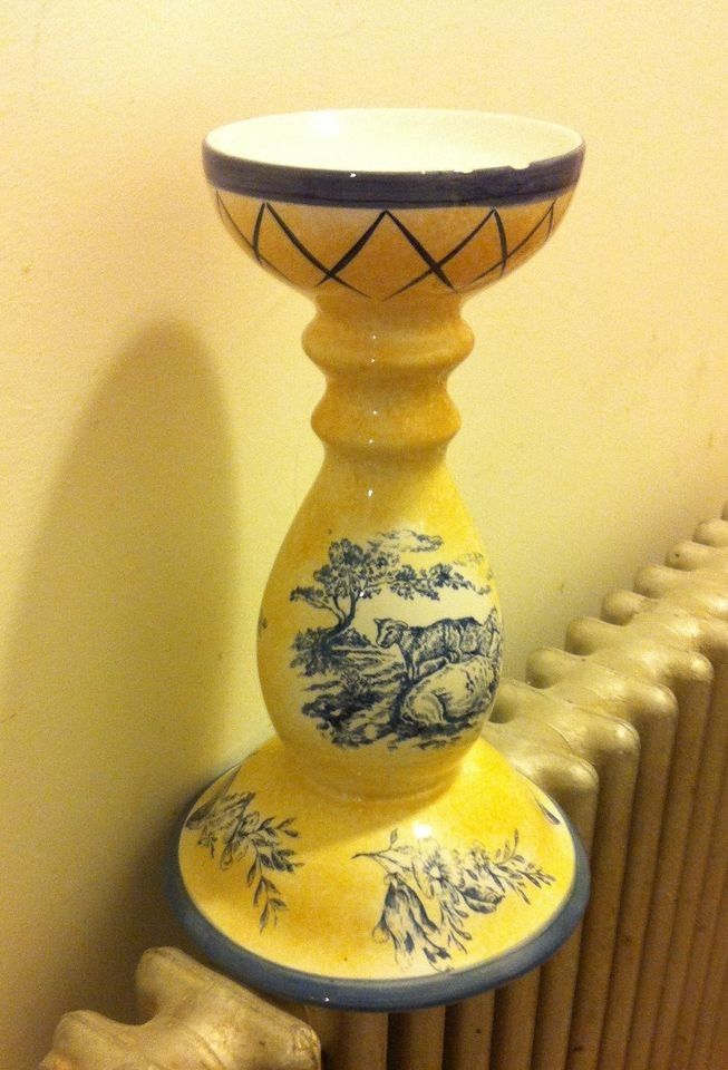 Very Large Vintage Pastoral Farm Toile Transferware Pillar Single Candle Holder Blue Yellow
