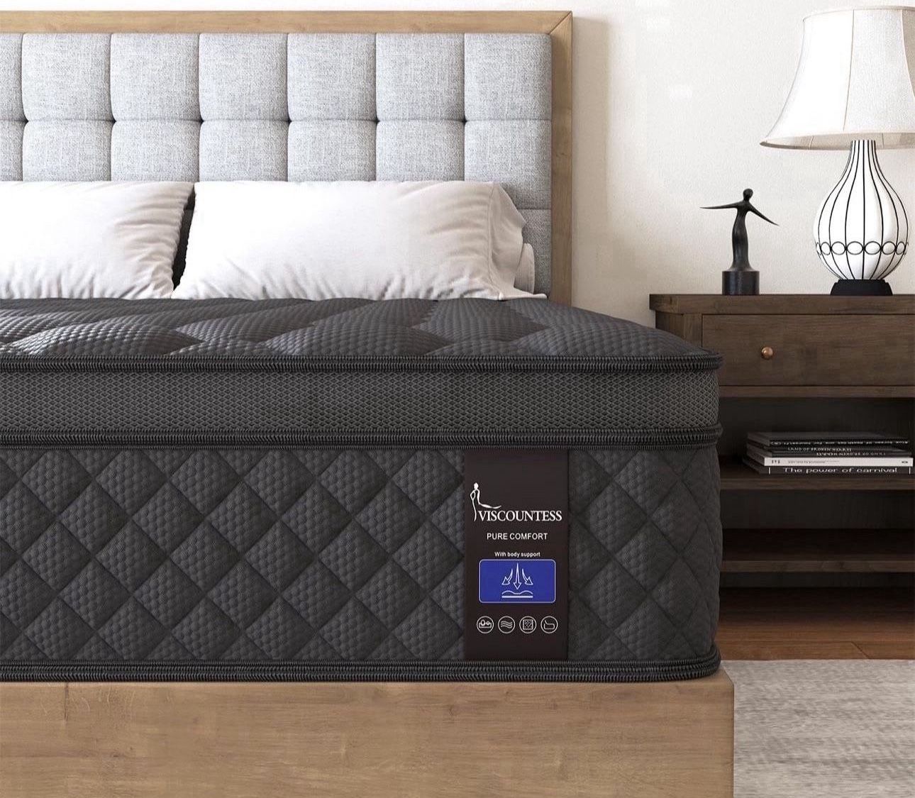 10 Inch Medium Mattress Black Euro Top for Back & Lumbar Support, 100 Night Trial, Individual Pocket Spring Bed for Motion Isolation & Pressure Relief