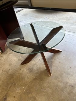 Round Glass Top Coffee Table Wood Base