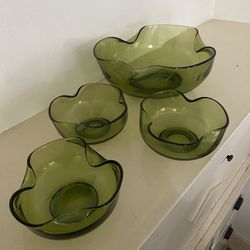 Vintage Green Glass Chip And Dip Serving Bowls
