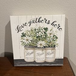 "Love Gathers Here" Oil Painting by Cindy Jacobs, 12"x12", white flowers in 3 Ball Perfect Mason jars