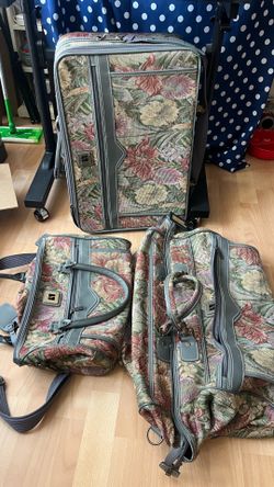 Set of three Leisure  Suitcase Luggage Tapestry Floral Brocade Vintage 1980s