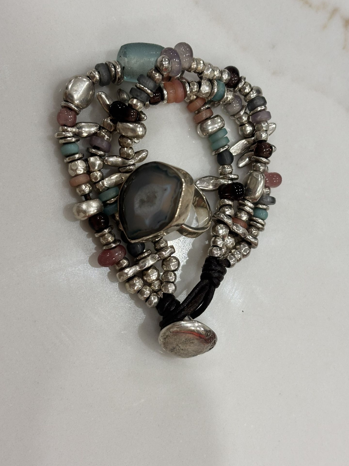 UNOde50 Statement Set - Natural Geode/Agate Ring & Multi-Strand Bracelet - W/ Pouch