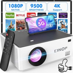5G WiFi Bluetooth Projector, Support 4P/4D Keystone Correction, Cinop Mini 1080P Native 4K Supported Projector, 9500L, Portable Outdoor, TV Stick, DVD
