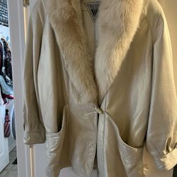 Cream Shimmer Leather Jacket With Fur Trim