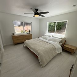 King Mid-Century Modern Platform Bed + 2 Matching Nightstands