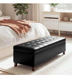 New 51 Inch Storage Bench,Leather Tufted Storage Ottoman with Legs Safety Hinges,Wooden Legs,Upholstered,End of Bed,Bedroom,Living Room,Entryway,330LB
