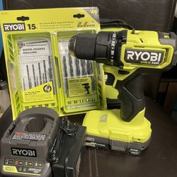 RYOBI ONE+ HP 18V Brushless Cordless Compact 1/2 in. Drill/Driver Kit with (1) 1.5 Ah Batteries, Charger and Bag W/drill Bit Set