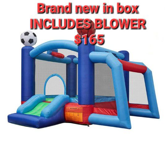 Brand New In Box Childrens Bounce House With BLOWER,  Slide, Safety Net, Basketball Hoop,  Balls, Soccer Net, Carry Bag Jumper Bouncer  