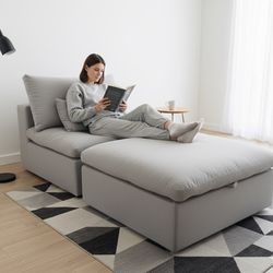 🏷OUTLET | 2pc Modern Modular Cloud Sofa Chair with Storage Ottoman💥