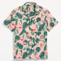 Short Sleeve Flamingo Monstera Plant Print Boys Size XL Extra Large 14-16 Button Down Shirt Top Hawaiian youth