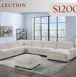 Extra Large Sectional Sofa - Plush Cream Corduroy Fabric - Deep Seating