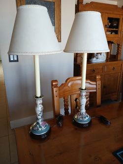 Vintage Hand Painted Asian Style Table Lamps 27" Tall