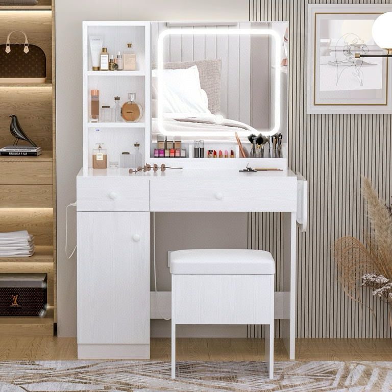 Vanity Desk Set with LED Lighted Mirror & Power Outlet, Makeup Vanity Table with Drawers & Cabinet,Storage Stool