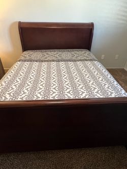 MOVING MUST SELL Queen Cherry Wood Sleigh Bed Frame & Mattress/Boxspring