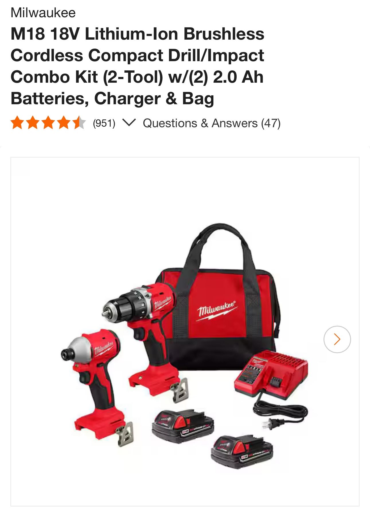 Milwaukee M18 18V Lithium-lon Brushless Cordless Compact Drill/Impact Combo Kit (2-Tool) w/(2) 2.0 Ah Batteries, Charger & Bag