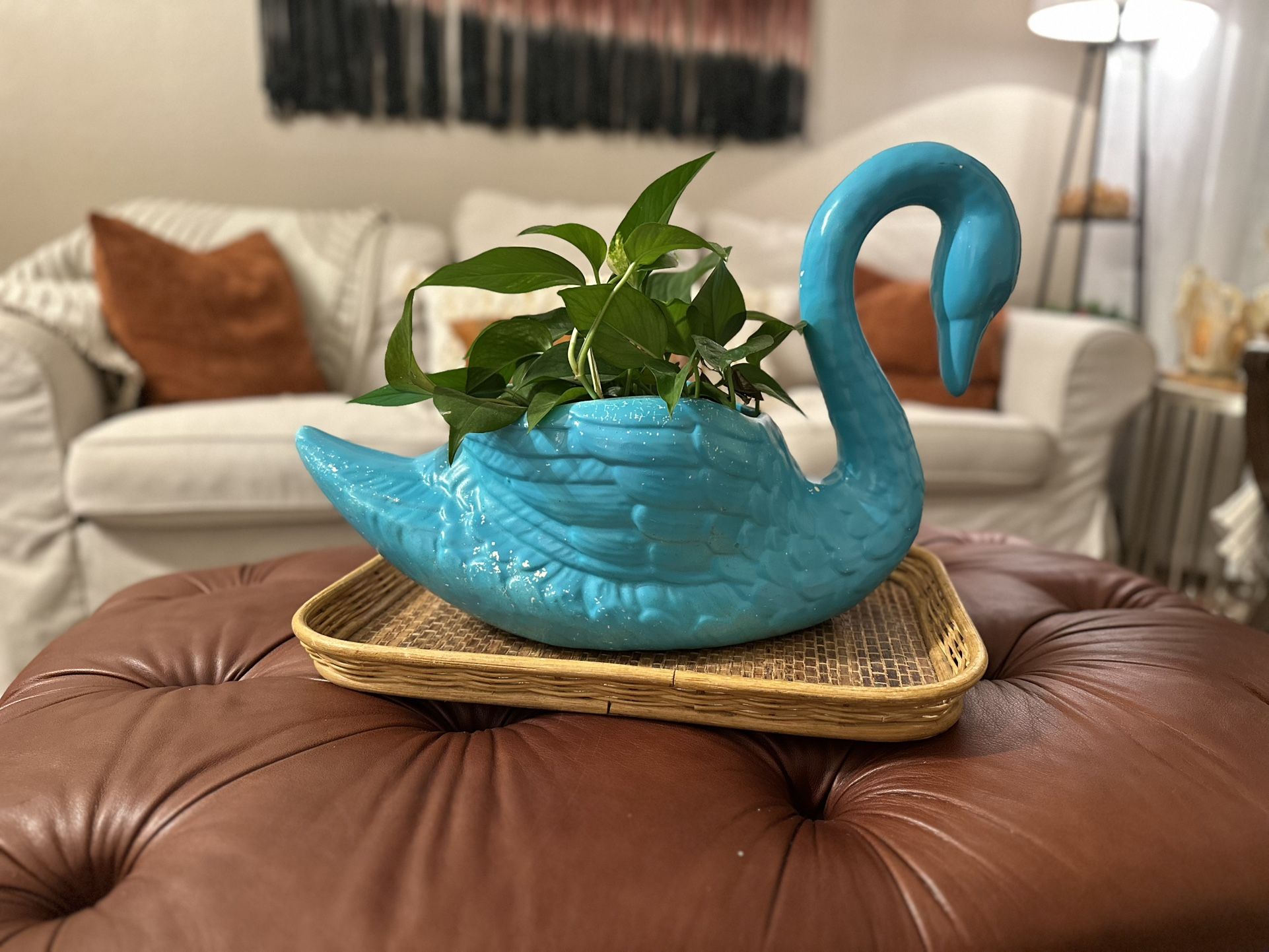 🦢 Large 22” Vintage Turquoise Swan Planter – $35
