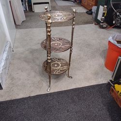 Antique Three Metal Tier Cherry Rubbed Brass With Three Claw Foot Legs Plant Holder