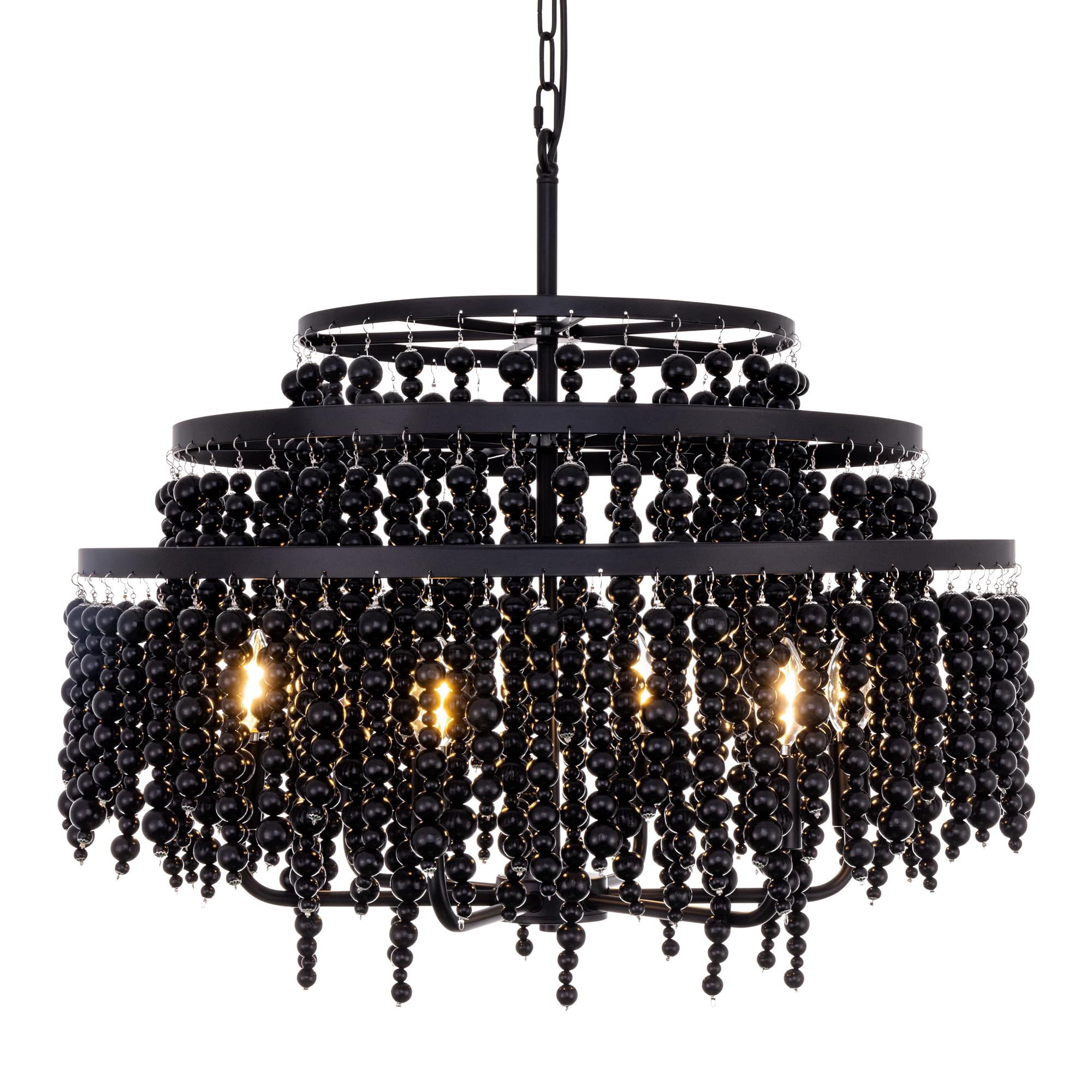Large Black Beaded Chandelier 26.4", Farmhouse Wood Bead Chandeliers Boho Coastal Bohemia Pendant Light Fixture for Dining Living Room, Bedroom, Kitch
