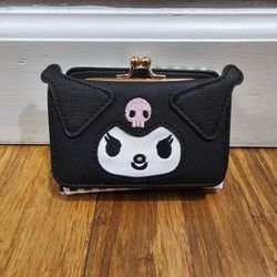Sanrio Kuromi Kiss Lock Wallet Black White Gingham Check Goth Kawaii Tri Fold
