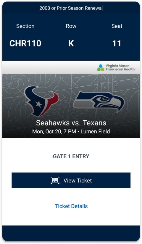 Seattle Seahawks VS Houston Texans AMAZING SEATS