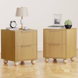 Fluted Nightstand Set of 2, Boho Night Stand with Spacious Storage Drawers, Natural Oak Bedside Table with Solid Wood Round Legs for Bedroom, End Tabl