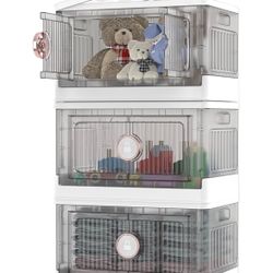 3pack Storage Container with Door, Lidded Collapsible Storage Bins Folding Plastic Stackable Utility