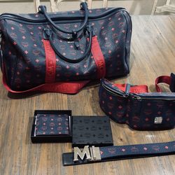 MCM Blue Visetos Coated Canvas Weekender Bag, Coated Canvas Sling Waist Bag, and M Logo Belt, Wallet