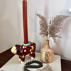 Folk Art Lion Bird Candlestick Ceramic Pottery Candle Holder Dana Simon Artist