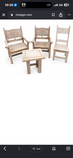Rustic carved wood chairs with table