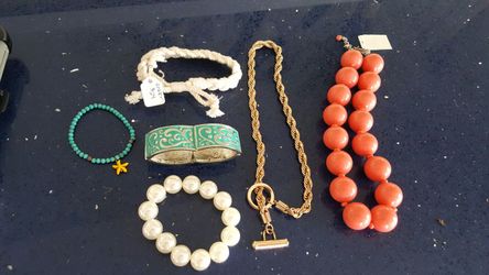 Necklaces gold 2.00 new coral necklace 4.00 bracelets rope 4.00 teal bangle 3.00 pearl 3.00 small teal 1.00