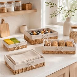 Baskets for Shelves Set of 4, Shallow Wicker Storage Baskets with Linen Liners, Decorative Woven Paper Rope Bins for Pantry, Bathroom, Closet, Bedroom