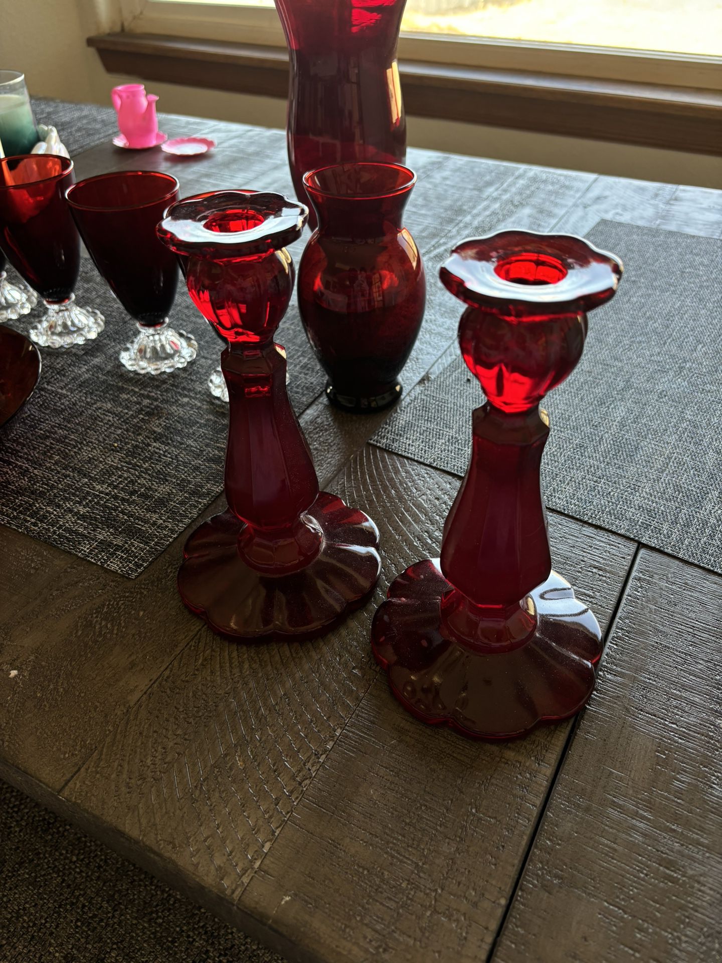 red ruby glass candle holders 
